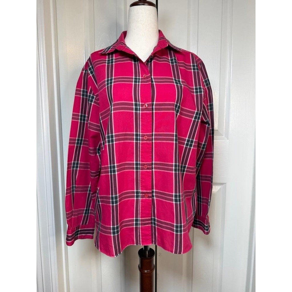 Vintage 80s Ship n Shore Pink Plaid Button Front Blouse Cotton Blend Size M L